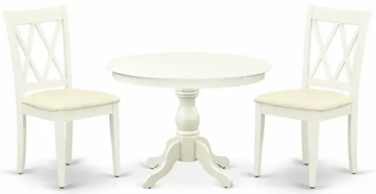 East West Furniture HBCL3-LWH-C 3 Piece Table Set - Linen White Small Dining Table and 2 Linen White Kitchen & Dining Room Chairs with Double X-Back - Linen White Finish