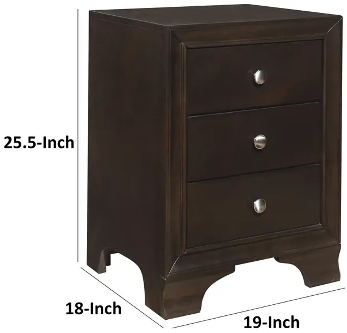 Folu 26 Inch Nightstand, USB Port, 3 Drawers with Chrome Knobs, Brown - Benzara