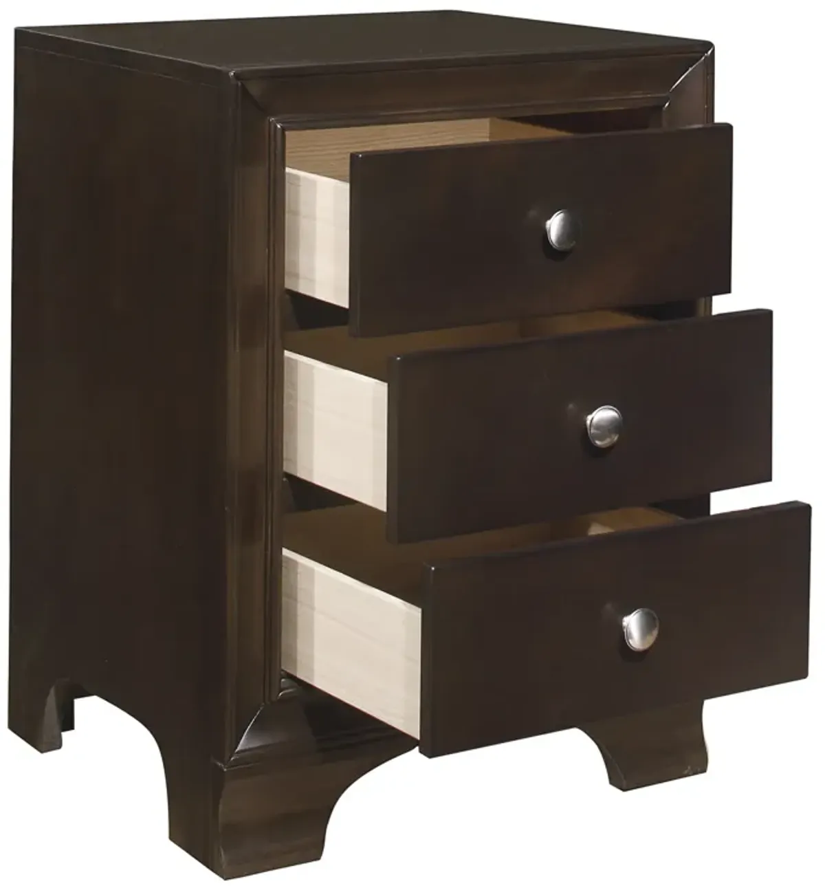 Folu 26 Inch Nightstand, USB Port, 3 Drawers with Chrome Knobs, Brown - Benzara