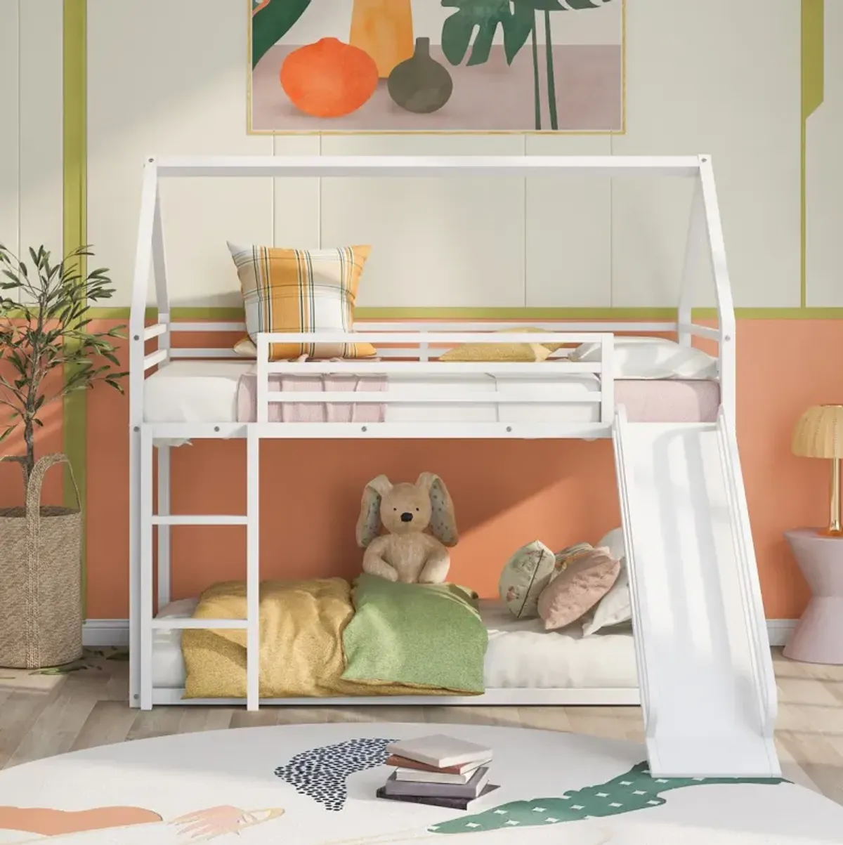 Twin over Twin House Bunk Bed with Ladder and Slide