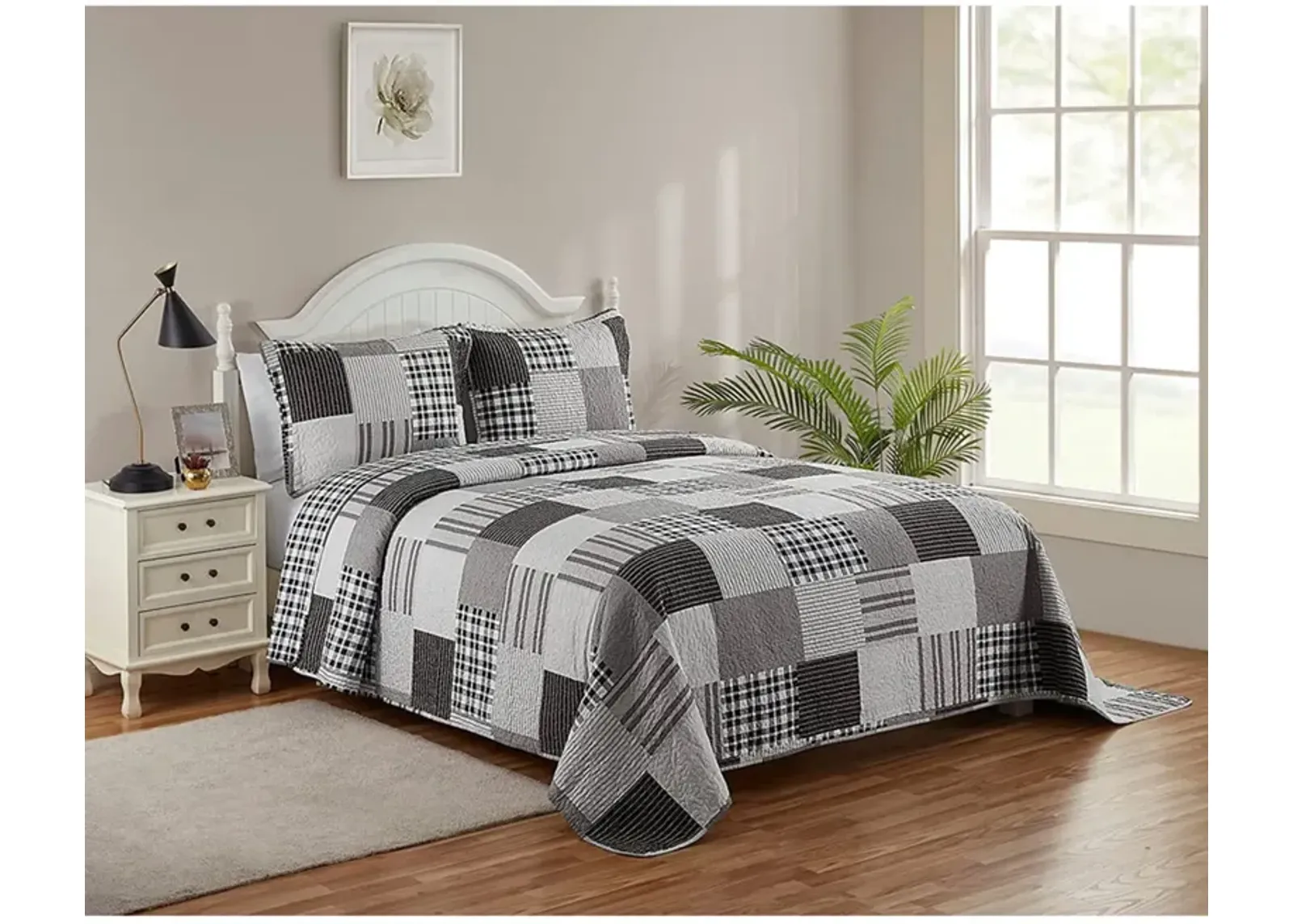 Legacy Decor 3 PCS Quilt Reversible Bedspread Coverlet  Patchwork Design Ultra Soft Microfiber Oversized Full Size