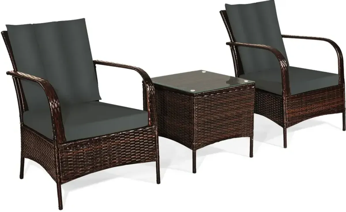 3 Pcs Patio Conversation Rattan Furniture Set with Glass Top Coffee Table and Cushions