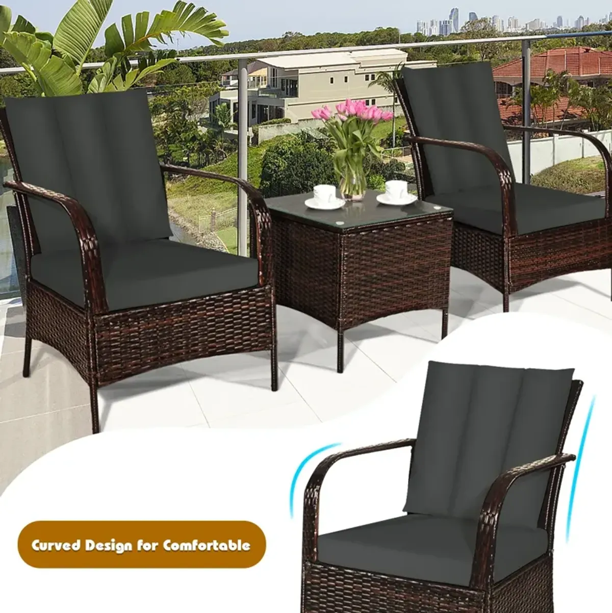 3 Pcs Patio Conversation Rattan Furniture Set with Glass Top Coffee Table and Cushions