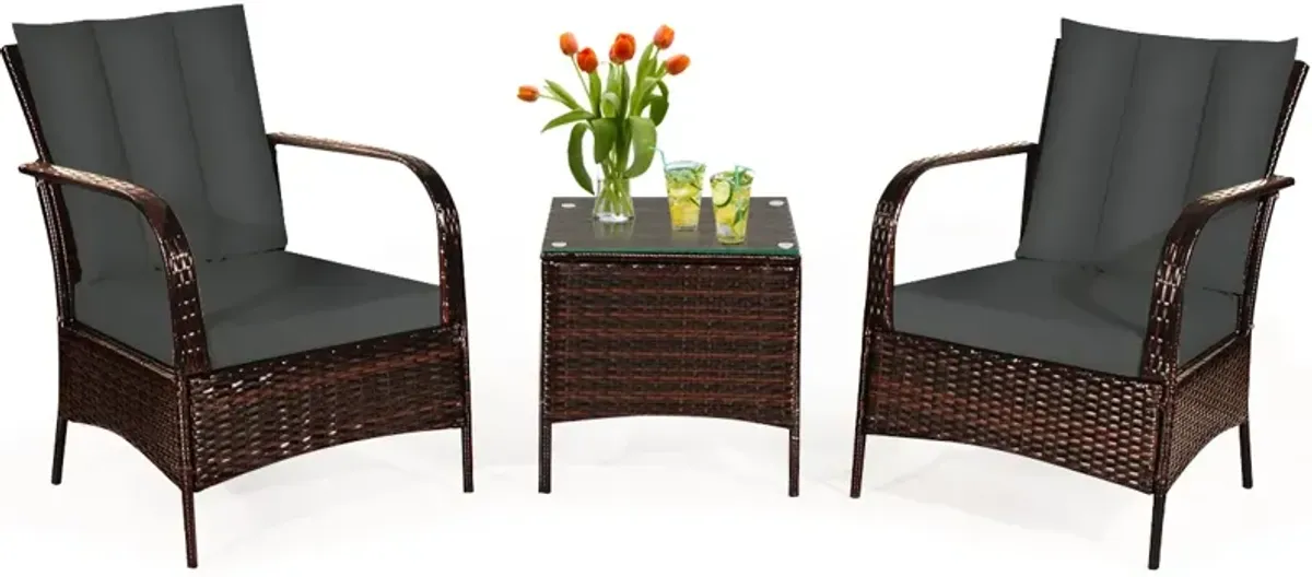 3 Pcs Patio Conversation Rattan Furniture Set with Glass Top Coffee Table and Cushions