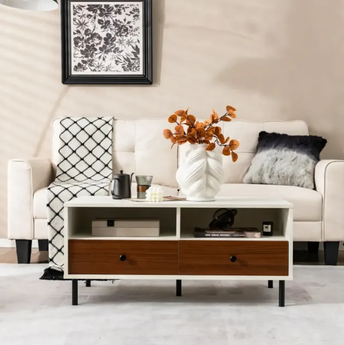 Hivvago 2 Tier 40 Inch Length Modern Rectangle Coffee Table with Storage Shelf and Drawers-White