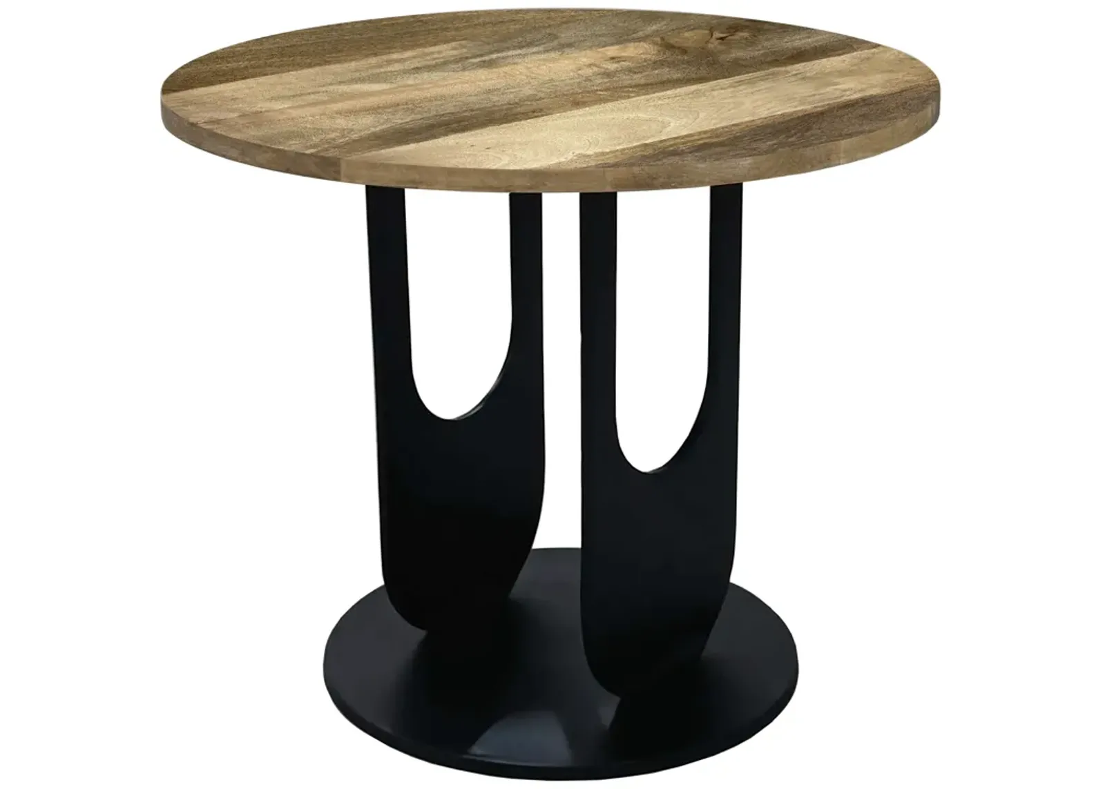 22 Inch Side End Table, Round Natural Mango Wood Top,  Black Iron U Shaped Legs