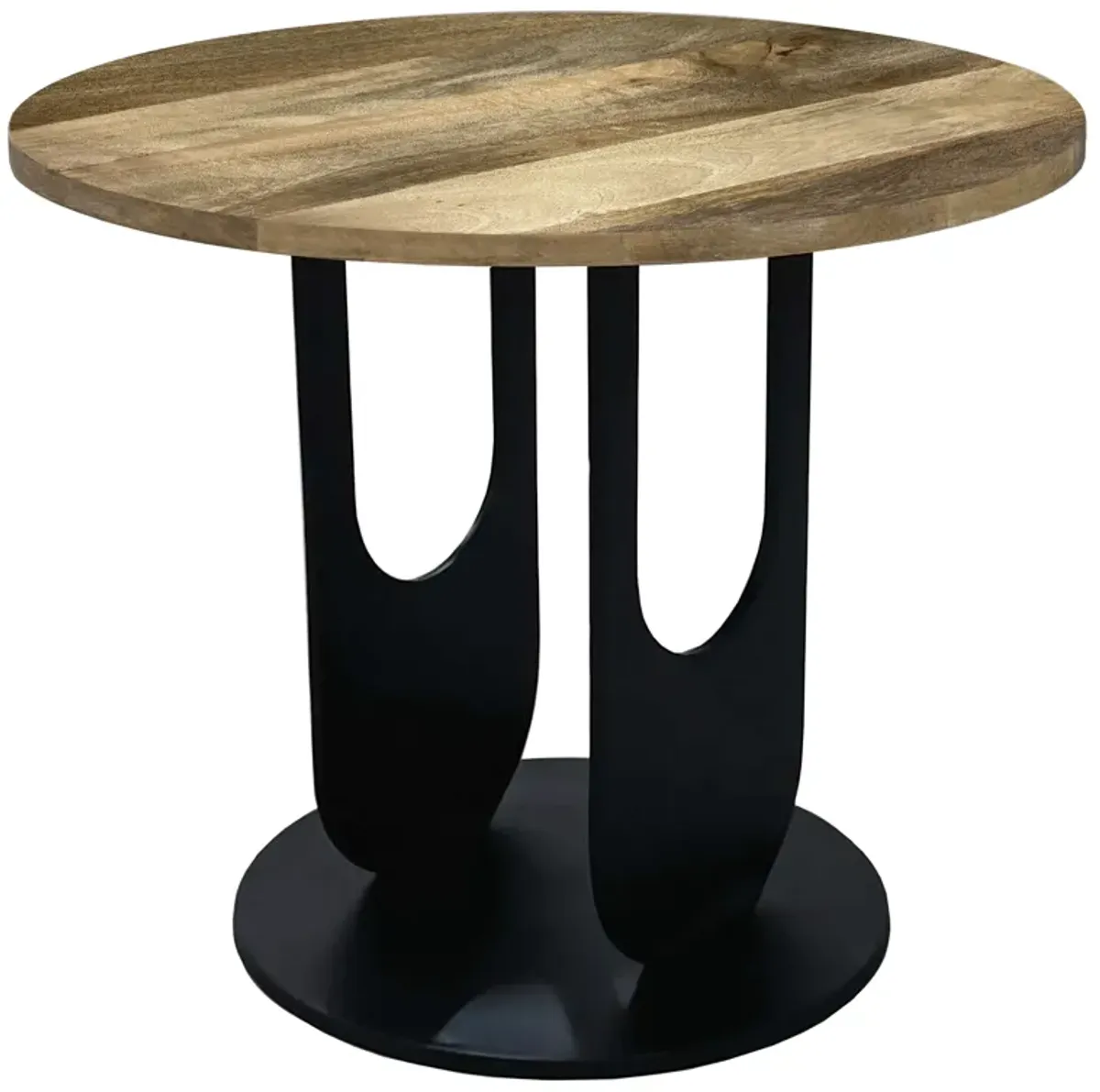 22 Inch Side End Table, Round Natural Mango Wood Top,  Black Iron U Shaped Legs