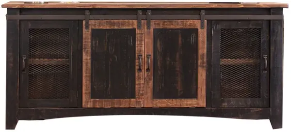 Ata 80 Inch TV Media Entertainment Console, 2 Mesh Doors, Pine Wood, Black - Benzara