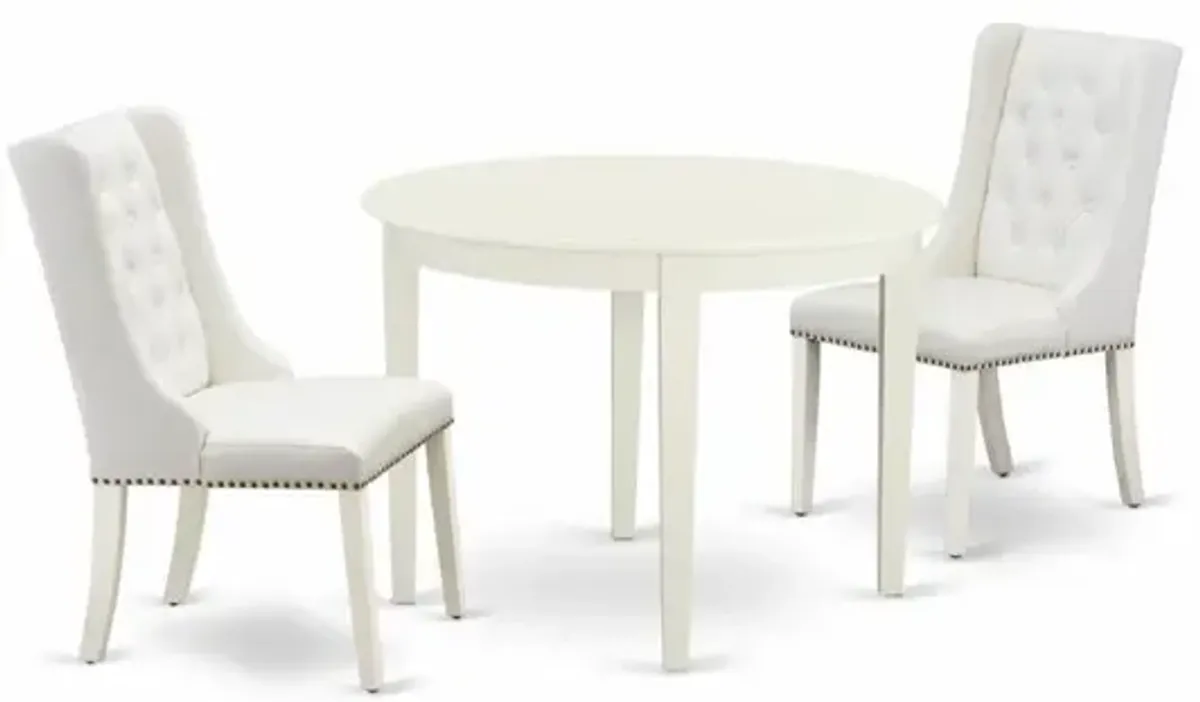 East West Furniture BOFO3-WHI-44 3-Pc Dining Room Set Includes 1 Modern Dining Table and 2 Light Grey Linen Fabric Mid Century Dining Chairs with Button Tufted Back - Linen White Finish