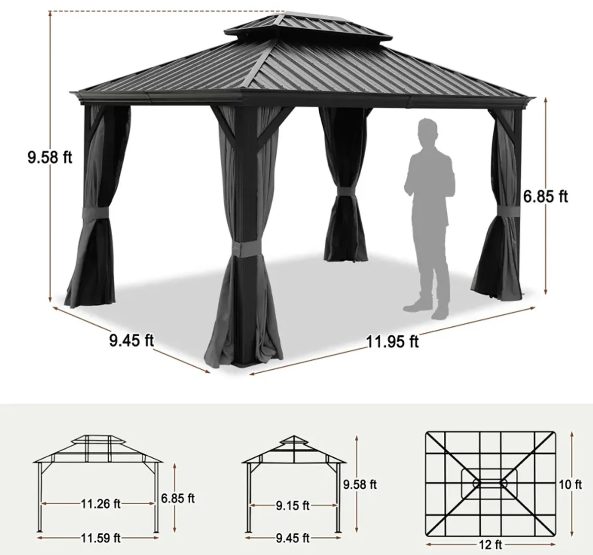 MONDAWE 10 ft. x 12 ft. Outdoor Aluminium Alloy Hardtop Gazebo with Netting and Gray Curtain for Garden