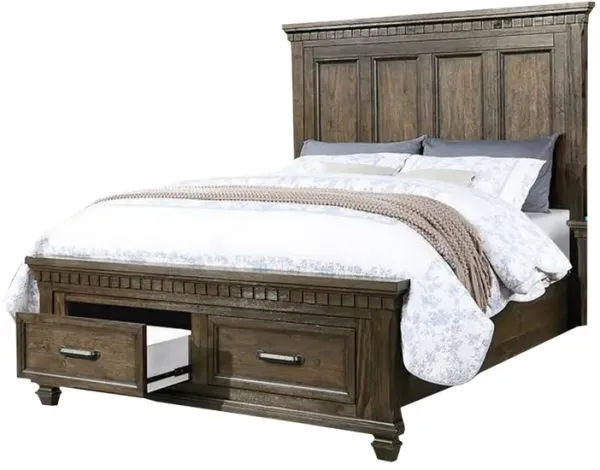 Ziv Classic Wood Queen Size Bed with Storage Drawers, Metal Handles, Brown - Benzara