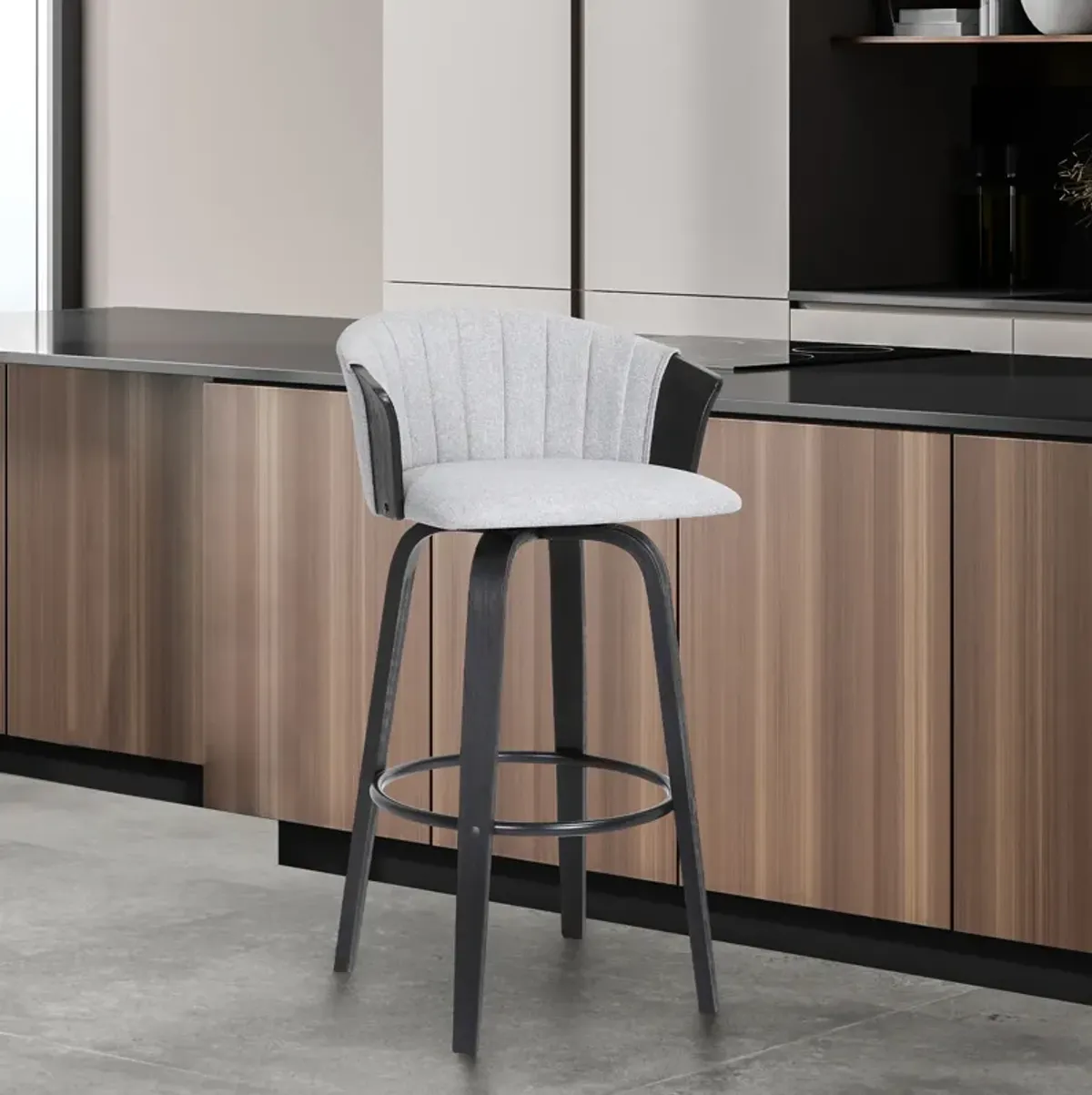 Diana Swivel Black Wood Bar Stool in Light Grey Fabric