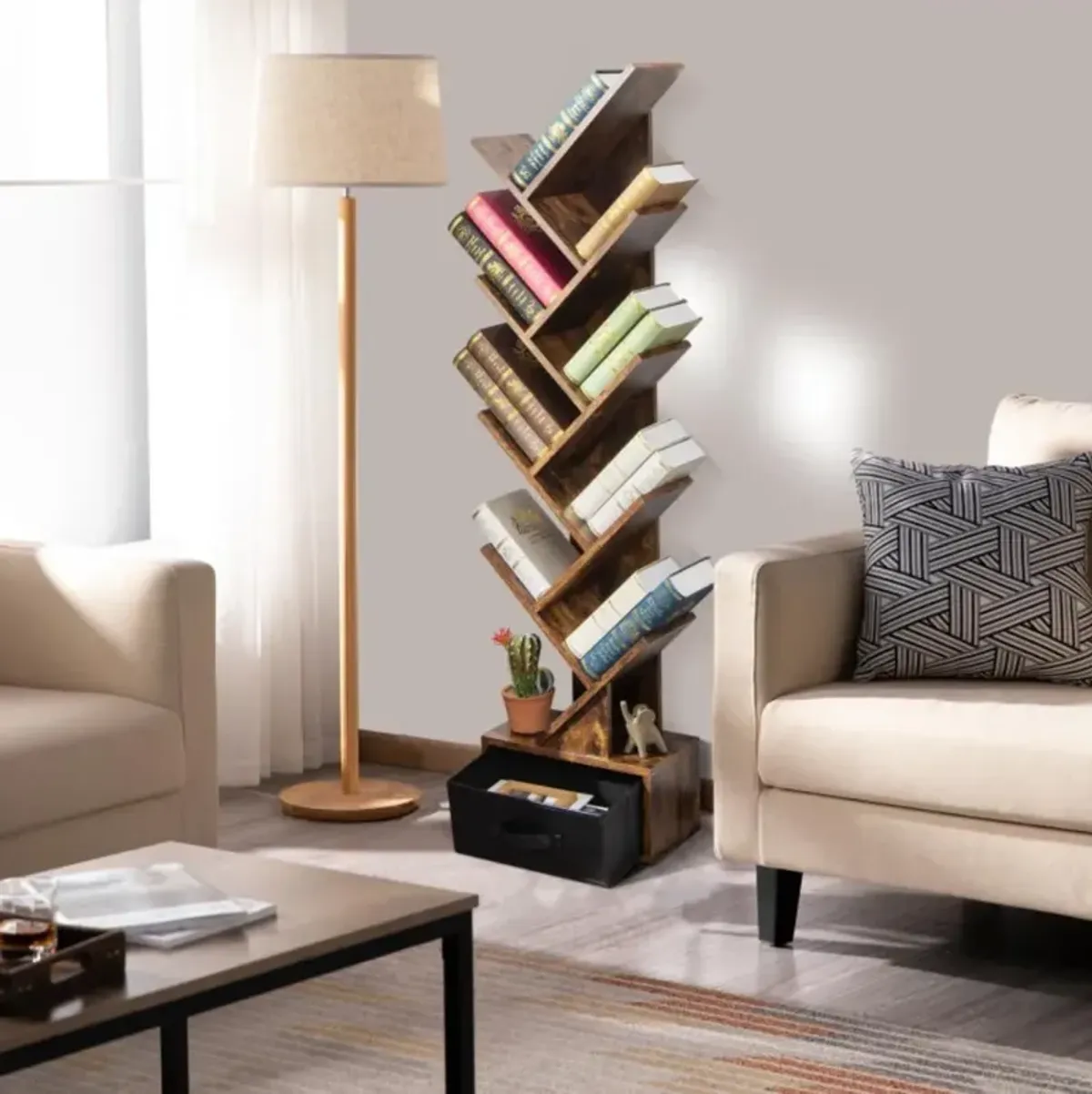 10-Tier Bookshelf with Drawer Free-standing Storage Bookcase