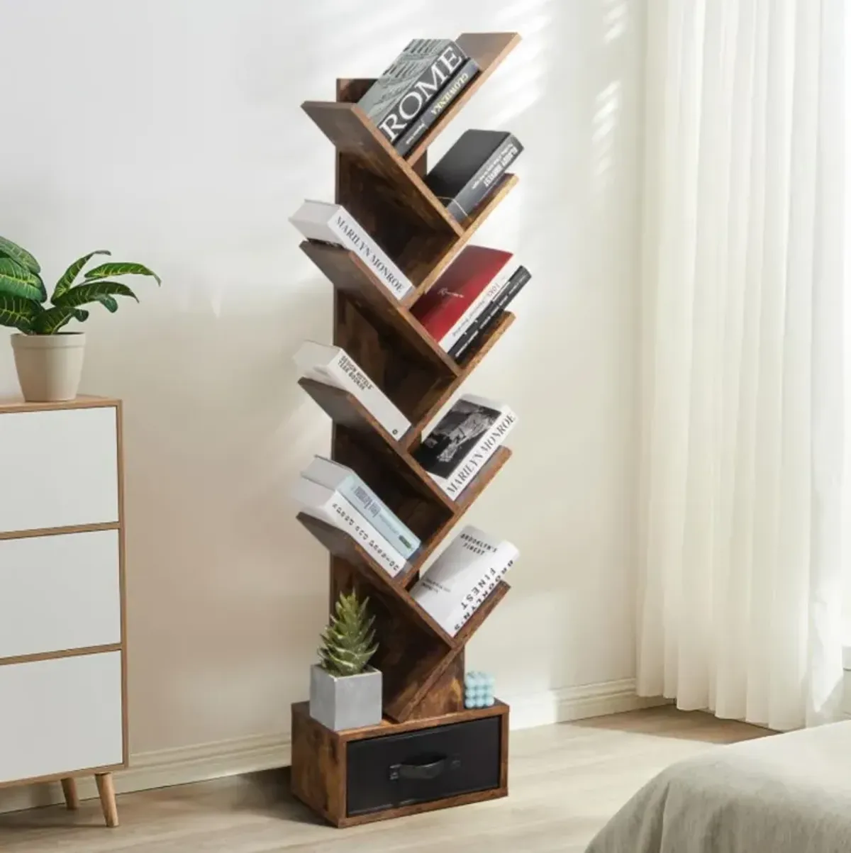 10-Tier Bookshelf with Drawer Free-standing Storage Bookcase