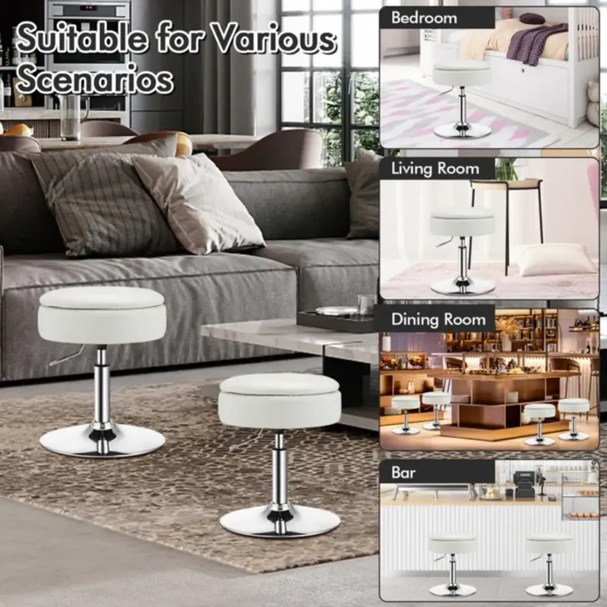 Adjustable 360° Swivel Storage Vanity Stool with Removable Tray