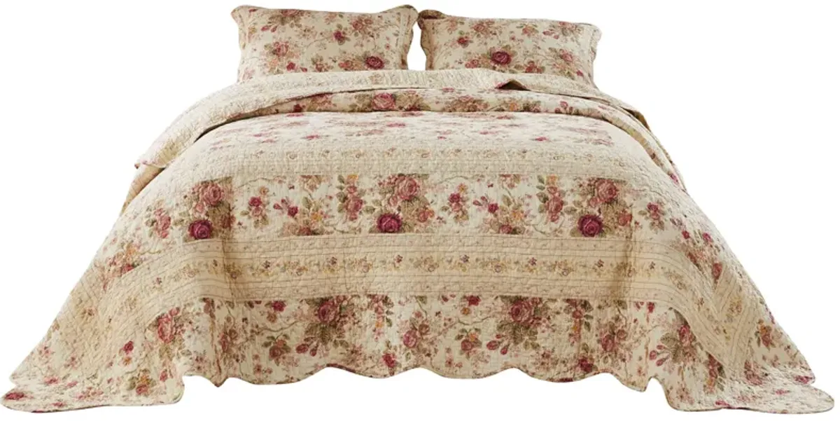 Rosle 3 Piece Queen Bedspread Set, Floral Print, Scalloped, Cream, Pink - Benzara