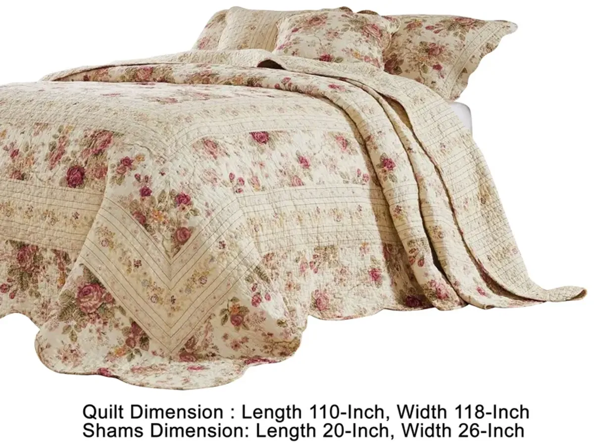 Rosle 3 Piece Queen Bedspread Set, Floral Print, Scalloped, Cream, Pink - Benzara