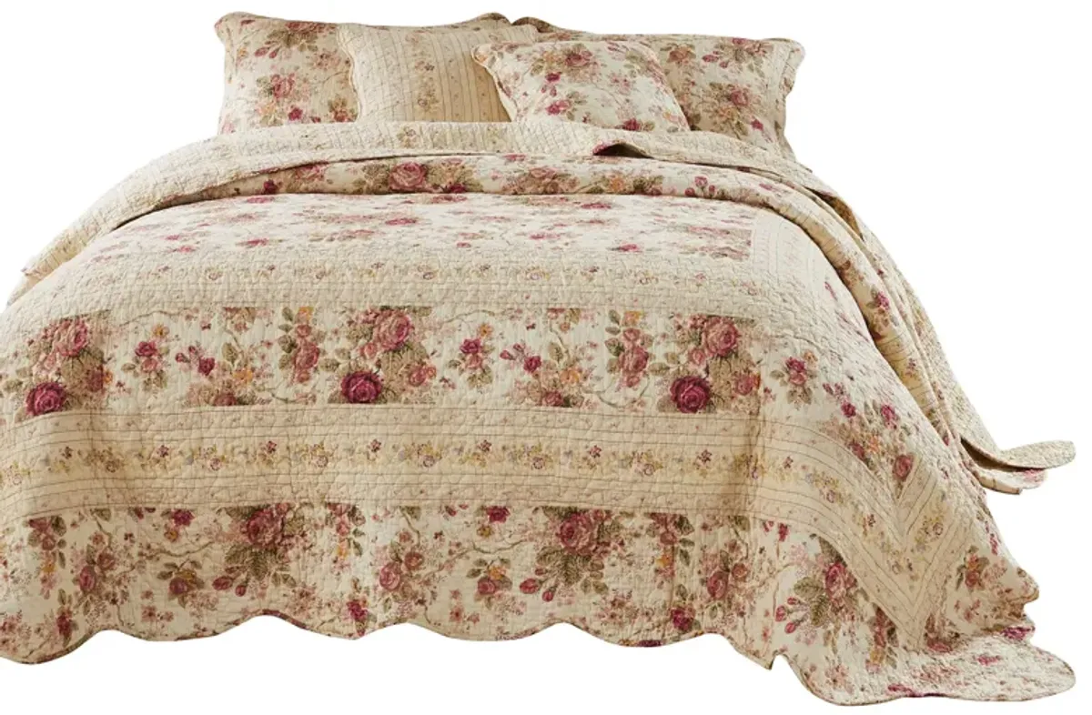 Rosle 3 Piece Queen Bedspread Set, Floral Print, Scalloped, Cream, Pink - Benzara