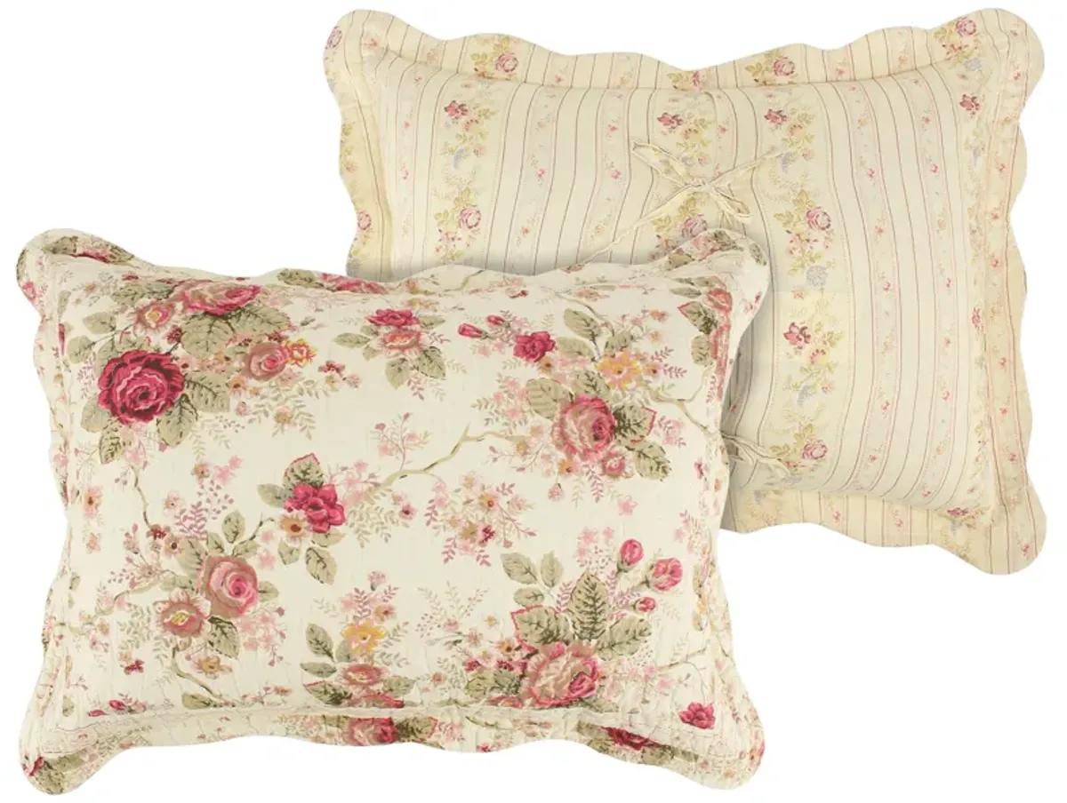 Rosle 3 Piece Queen Bedspread Set, Floral Print, Scalloped, Cream, Pink - Benzara