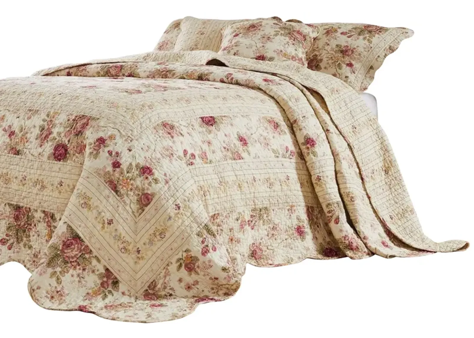 Rosle 3 Piece Queen Bedspread Set, Floral Print, Scalloped, Cream, Pink - Benzara