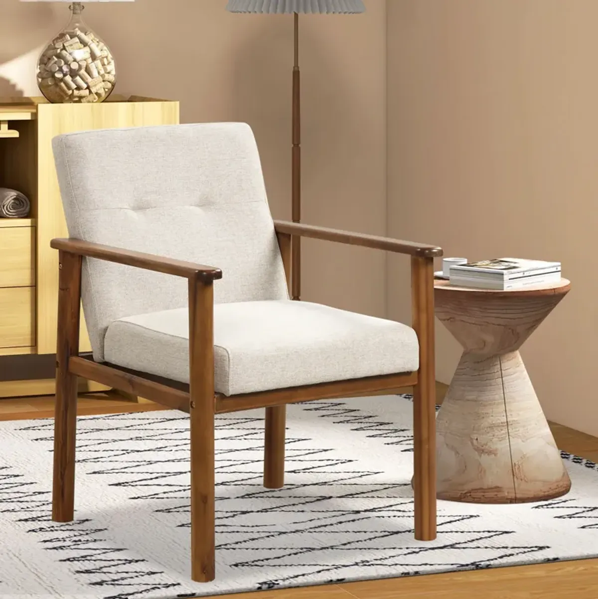 Modern Accent Linen Fabric Armchair with Solid Wood Legs and Soft Cushioned Seat