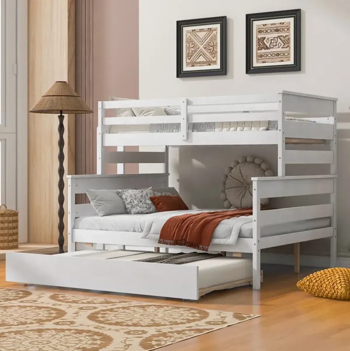 Wood Twin Over Full Bunk Bed With Twin Size Trundle, White