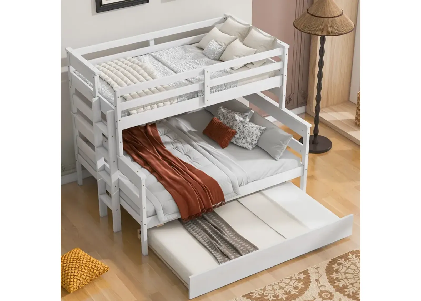 Wood Twin Over Full Bunk Bed With Twin Size Trundle, White