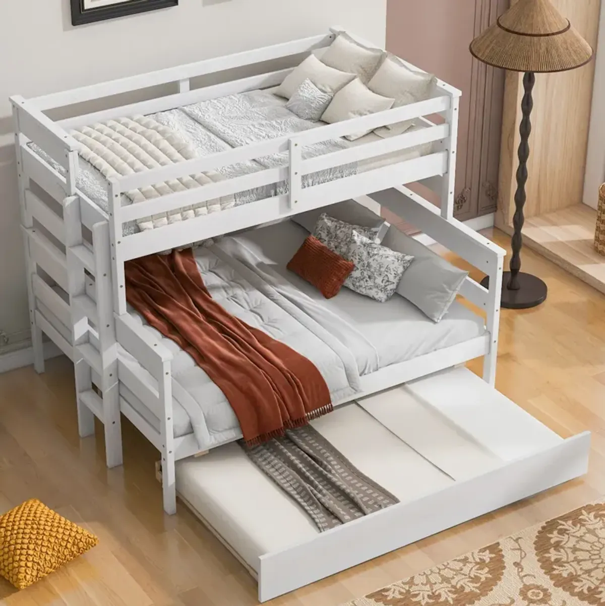 Wood Twin Over Full Bunk Bed With Twin Size Trundle, White