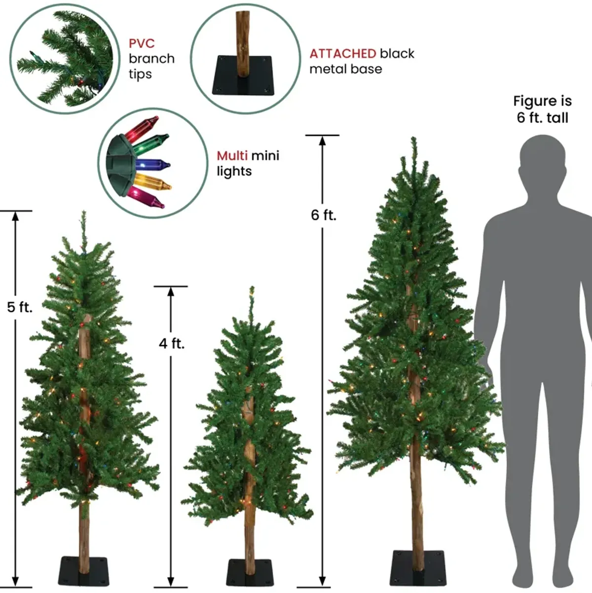 Set of 3 Pre-Lit Slim Alpine Artificial Christmas Trees 6' - Multi Lights