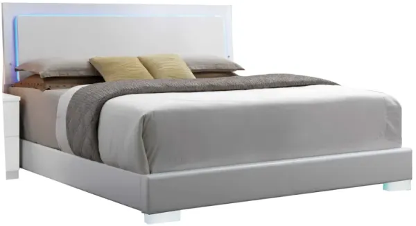 Leatherette Eastern King Bed with LED Panel Headboard and Chrome Legs,White-Benzara