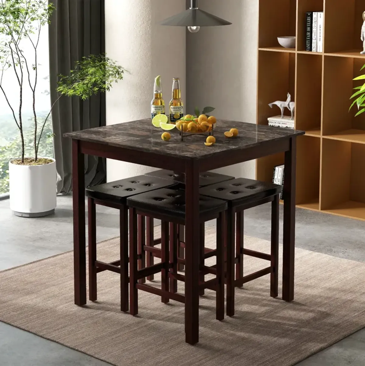 5-Piece Bar Table Set Counter-Height Dining Table and 4 Bar Stools