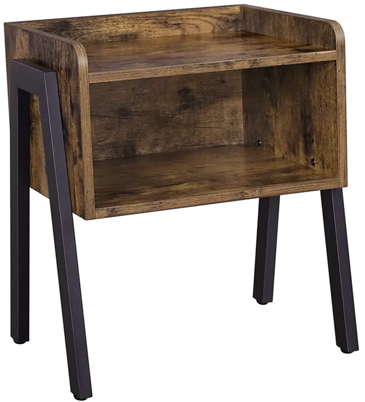 Wooden Stackable End Table with Inverted Iron Legs and Storage Compartment, Brown and Black- Benzara