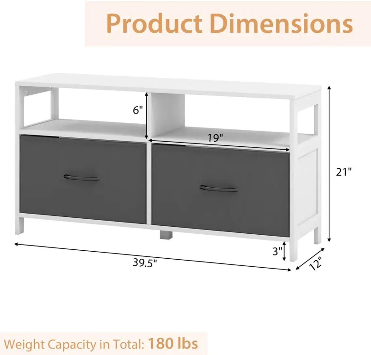 Fabric Chest of Drawers with 2 Drawers and 2 Open Shelves-White