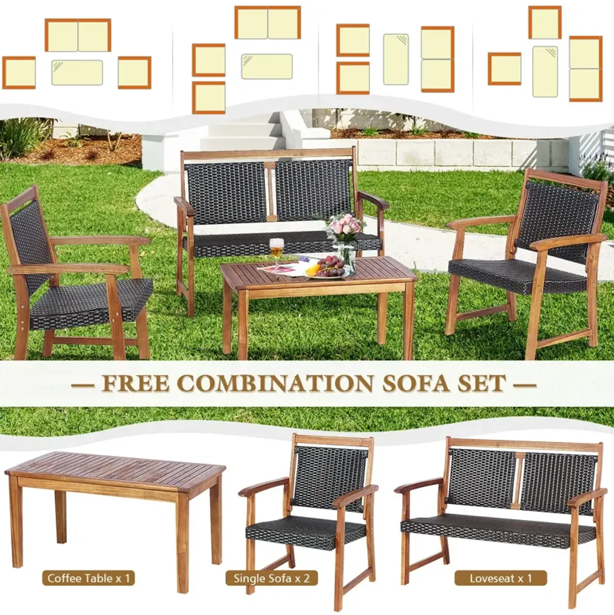 4 Pieces Outdoor Patio Rattan Furniture Conversation Sets  with Acacia Wood Frame