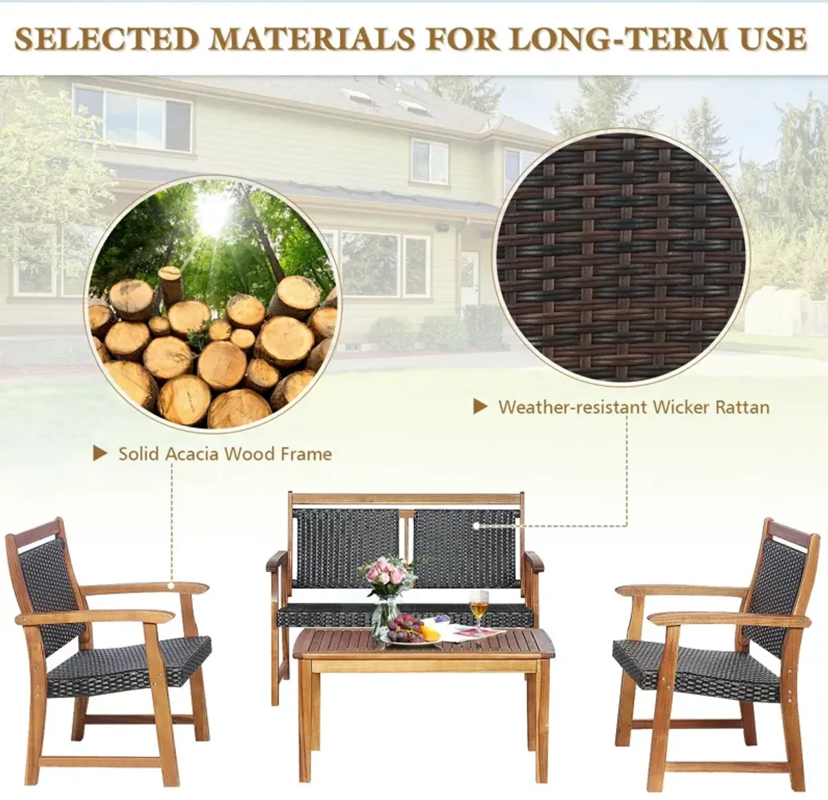 4 Pieces Outdoor Patio Rattan Furniture Conversation Sets  with Acacia Wood Frame