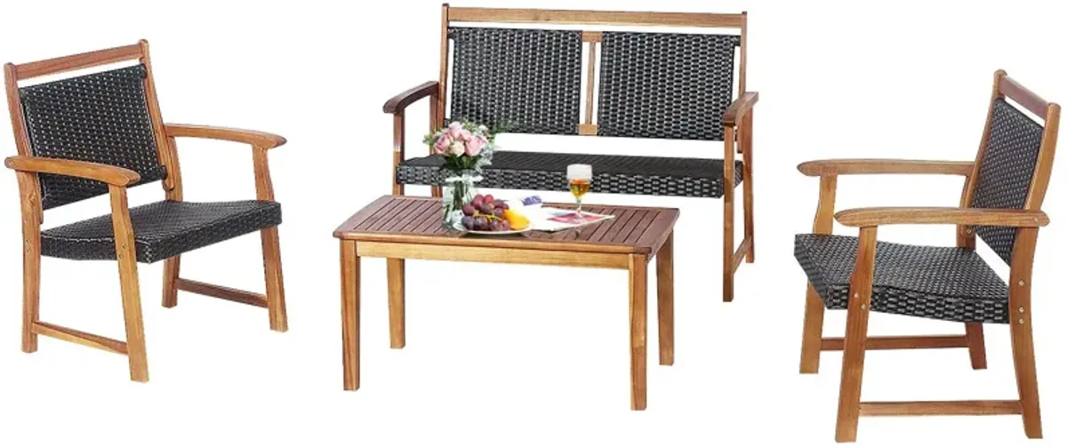 4 Pieces Outdoor Patio Rattan Furniture Conversation Sets  with Acacia Wood Frame