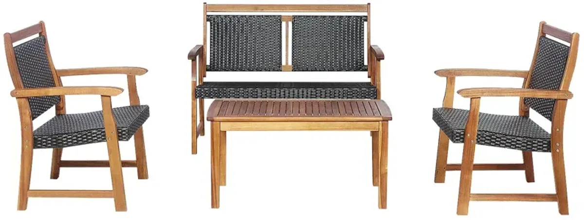 4 Pieces Outdoor Patio Rattan Furniture Conversation Sets  with Acacia Wood Frame