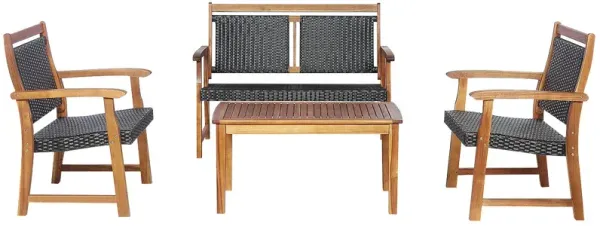 4 Pieces Outdoor Patio Rattan Furniture Conversation Sets  with Acacia Wood Frame