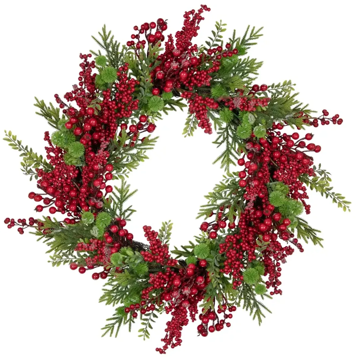 Artificial Frosted Red Berry and Pine Christmas Wreath  28-Inch  Unlit