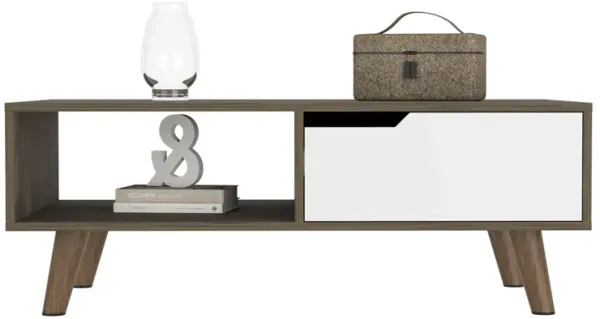 DEPOT E-SHOP Kobe Coffee Table 2.0 , One Open Shelf, One Drawer, Dark Brown/White