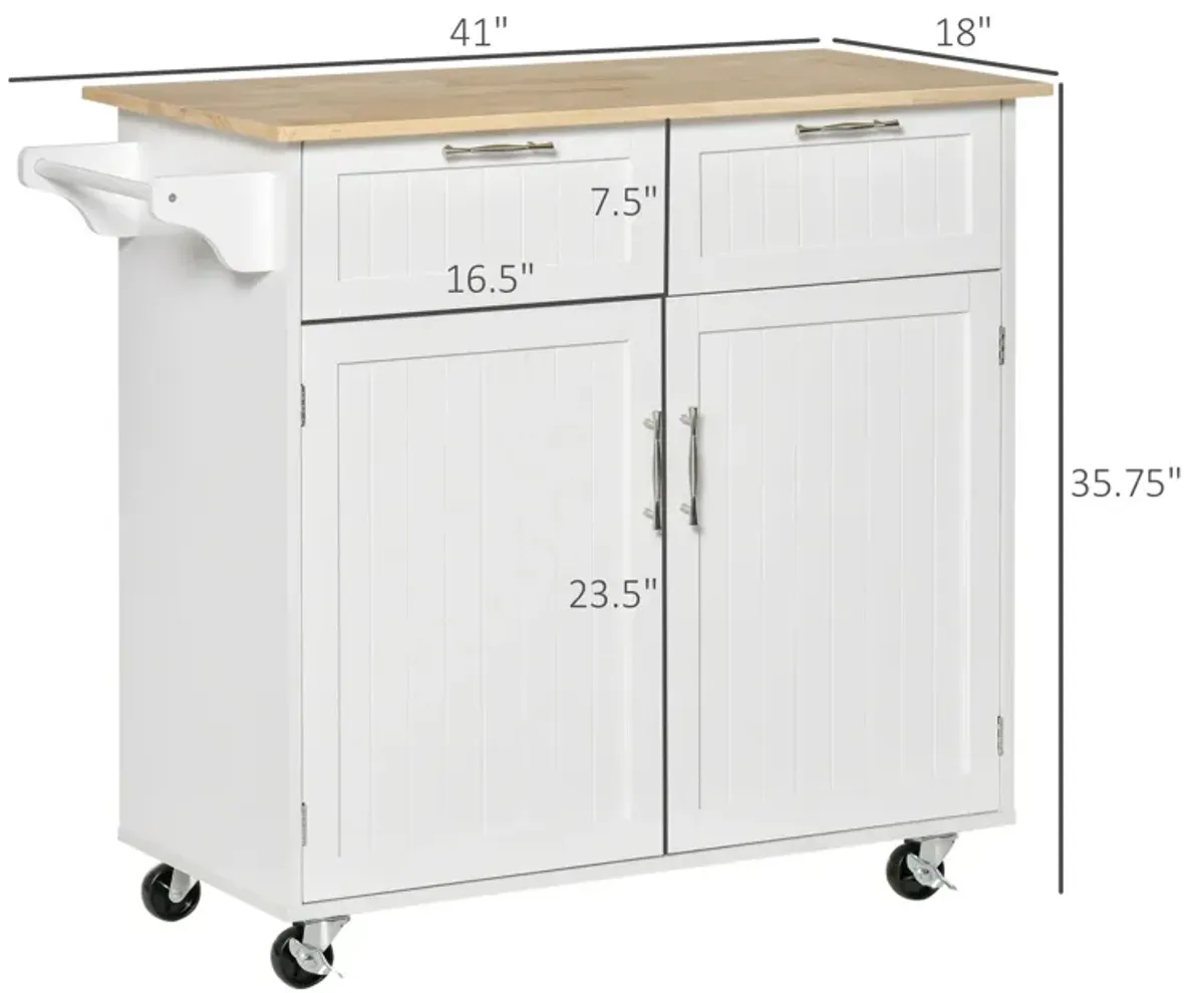 White Kitchen Island: 41" Rolling Cart with Rubberwood Top and Drawers