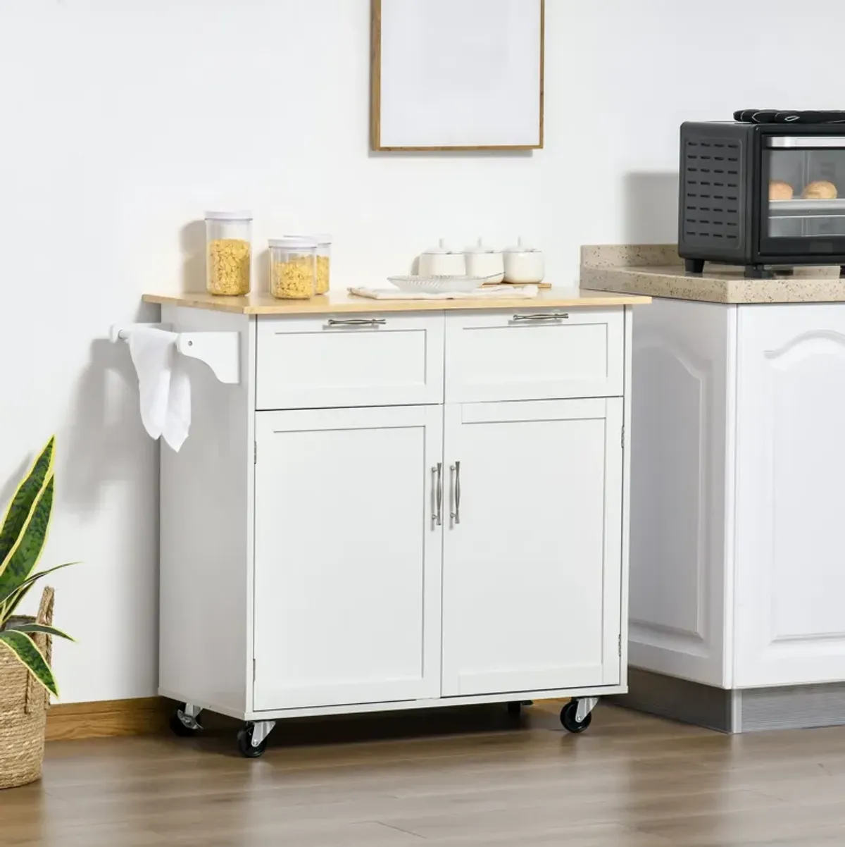 White Kitchen Island: 41" Rolling Cart with Rubberwood Top and Drawers