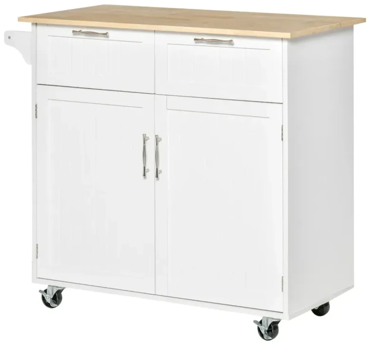 White Kitchen Island: 41" Rolling Cart with Rubberwood Top and Drawers