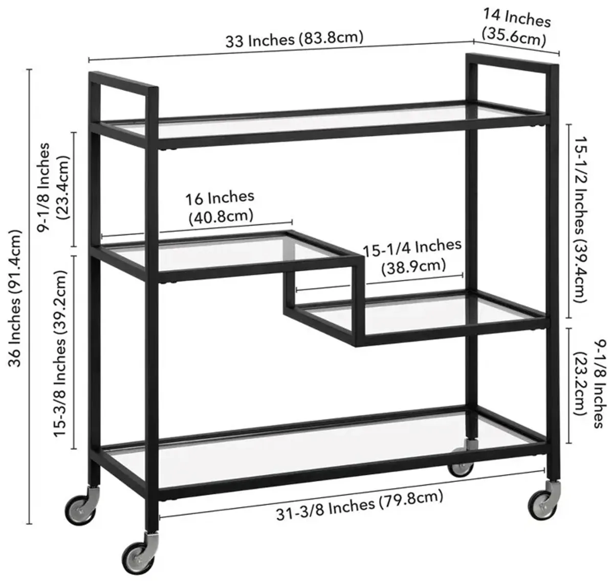 Hudson&Canal Lovett 33 Wide Rectangular Bar Cart with Glass Shelves in Blackened Bronze