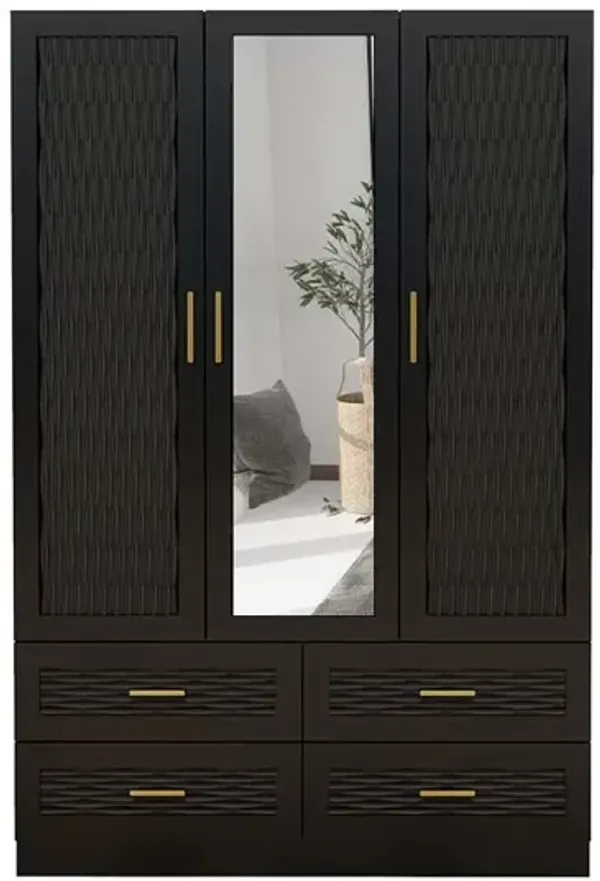 Wooden Armoire Wardrobe Closet Black 3 Doors, Hanging Rods, Mirror, 4 Drawers, Large Capacity Storage Cabinet Wardrobe Closet for Bedroom Armoire