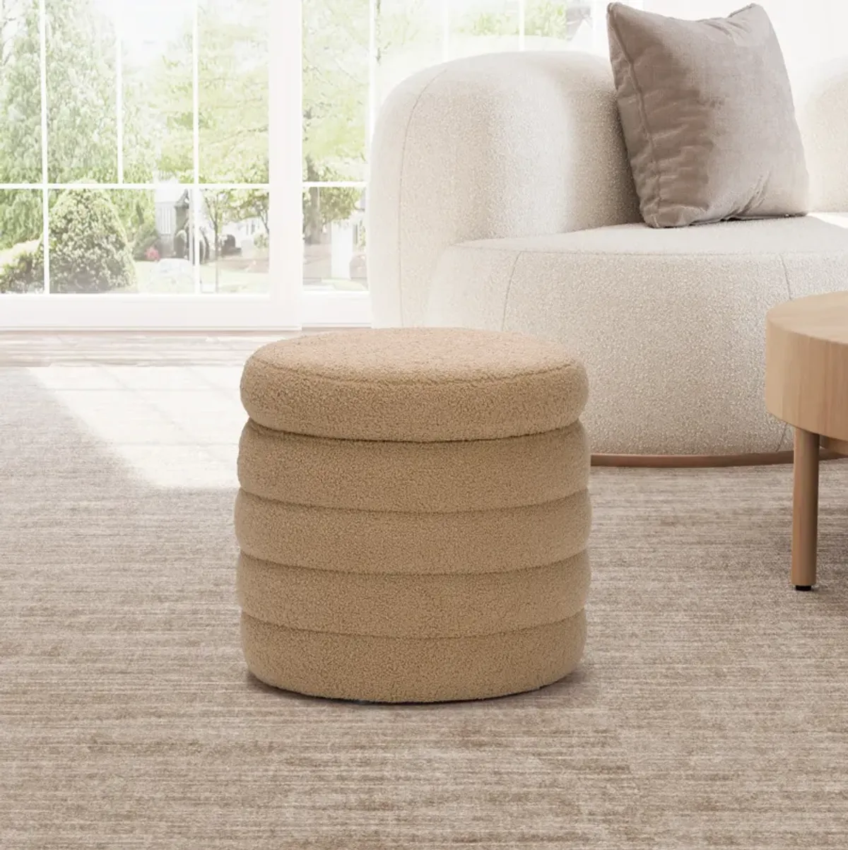 WestinTrends Mid-Century Modern Faux Sherpa Round Storage Ottoman