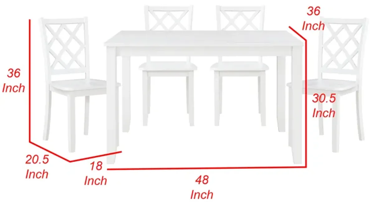 Oria 5 Piece Dining Set with Table, 4 Lattice Back Chairs, White Solid Wood - Benzara