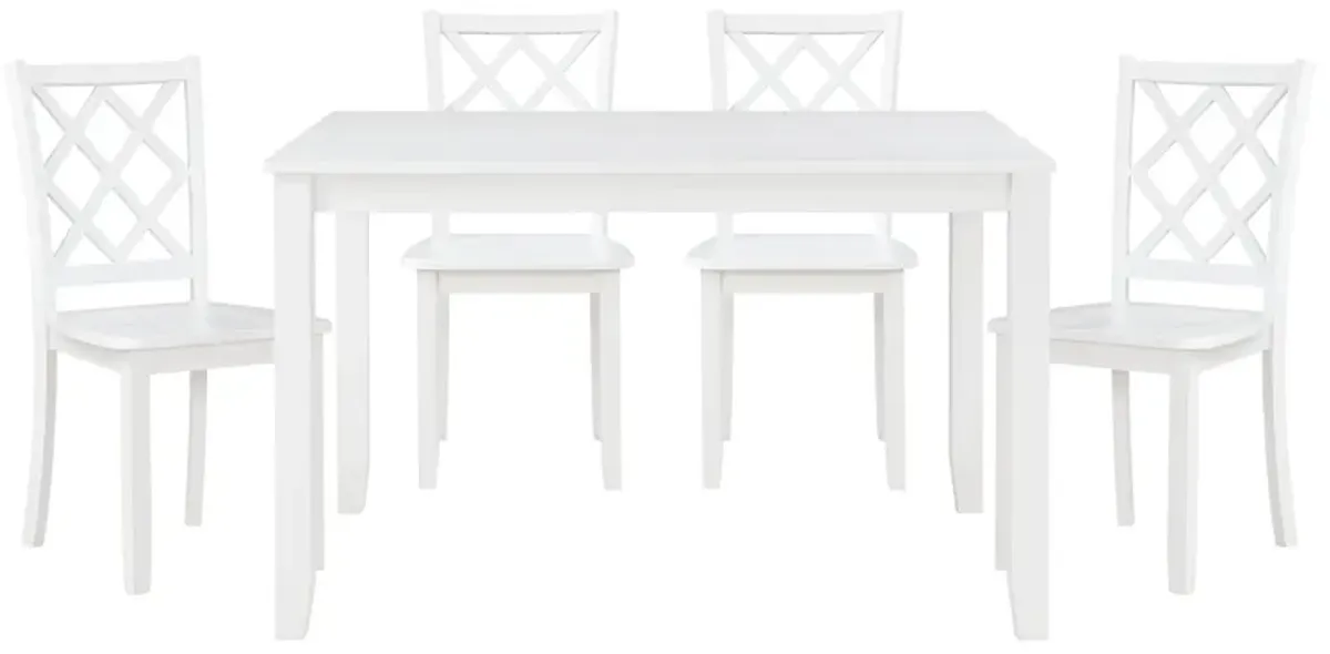 Oria 5 Piece Dining Set with Table, 4 Lattice Back Chairs, White Solid Wood - Benzara