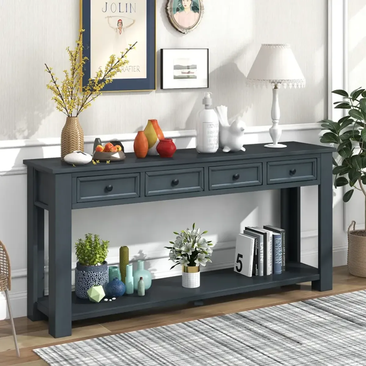 Gewnee 63" Console Table Hallway Sofa Table With Storage Drawers Bottom Shelf, Navy