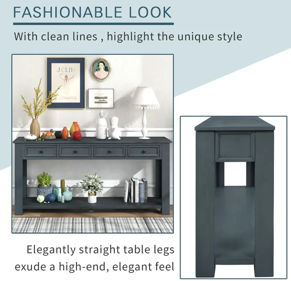 Gewnee 63" Console Table Hallway Sofa Table With Storage Drawers Bottom Shelf, Navy